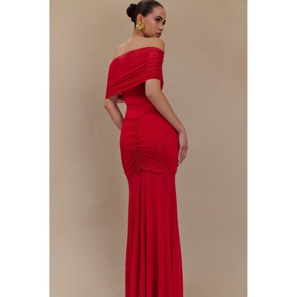 MESHKI Red Off Shoulder Ruched Mesh Maxi Dress Size XXl - Picture 5 of 17